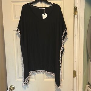 Adreamly Bathing Suit Cover Up Size M/L Black White Pompoms